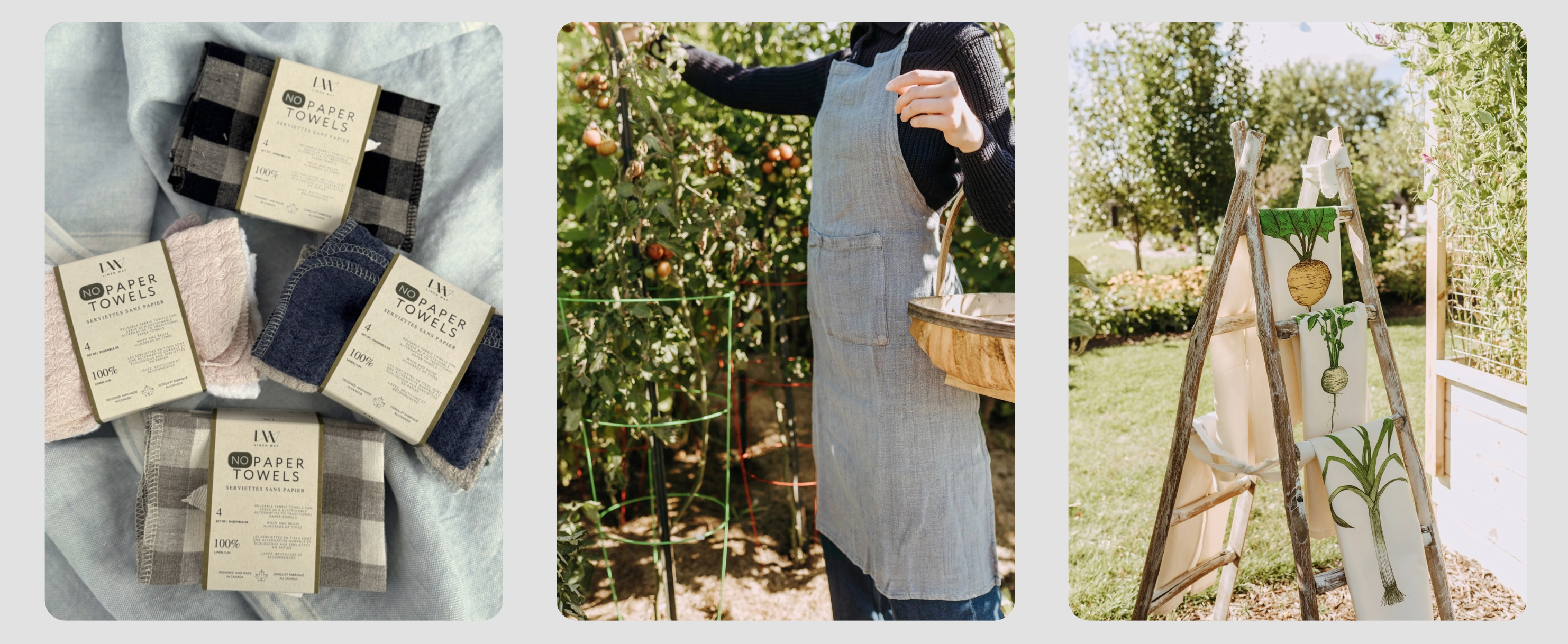 three images, one of the no paper towel dish cloths in 4 different colours, one of a linen way apron in grey, and one of the Lottie day garden linens