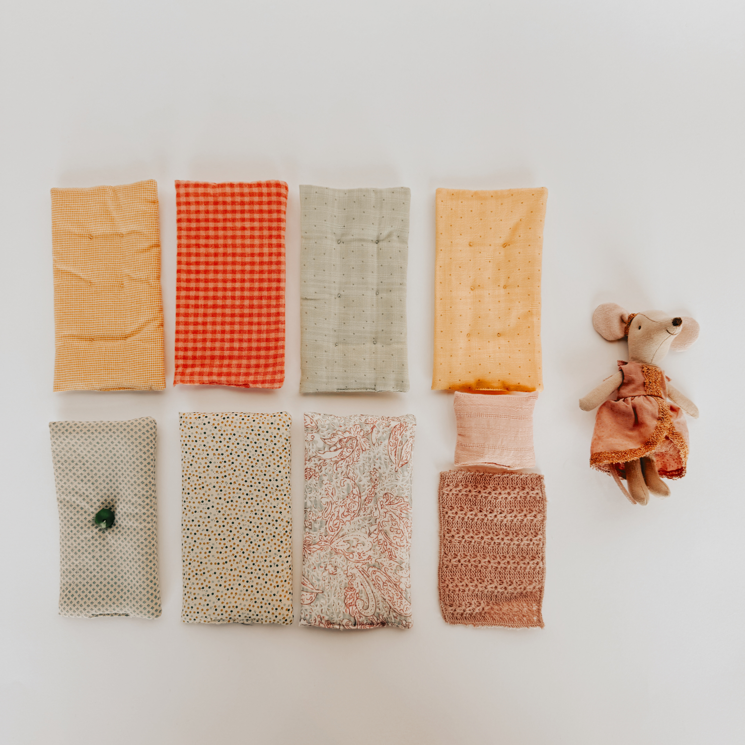 Maileg Princess Mouse Princess and the Pea by Grace & Company, with 8 fabric pieces, arranged on a white background.