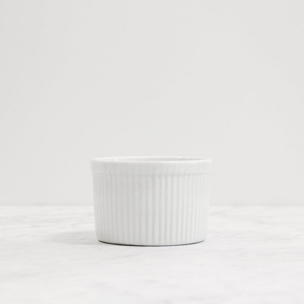 front view of small white french ramekin