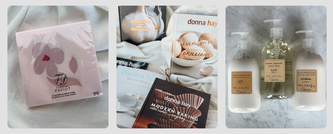 three images, one of pink napkins, one of donna hay cookbooks, one of lothantique hand and body soap and lotion in both milk and grapefruit scents.