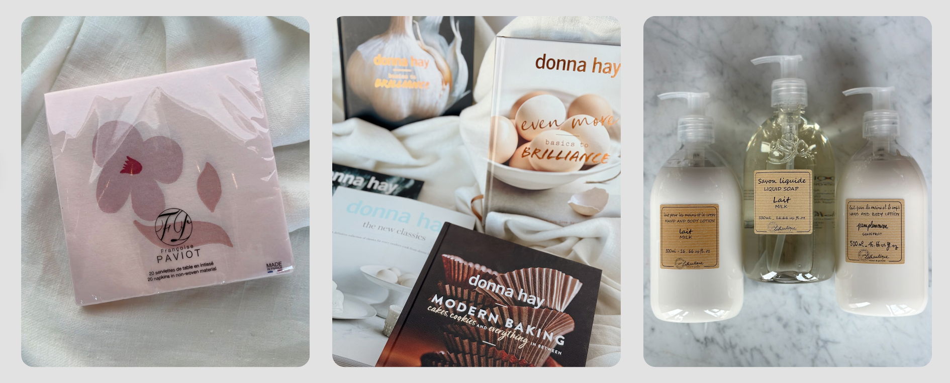 three images, one of pink napkins, one of donna hay cookbooks, one of lothantique hand and body soap and lotion in both milk and grapefruit scents.