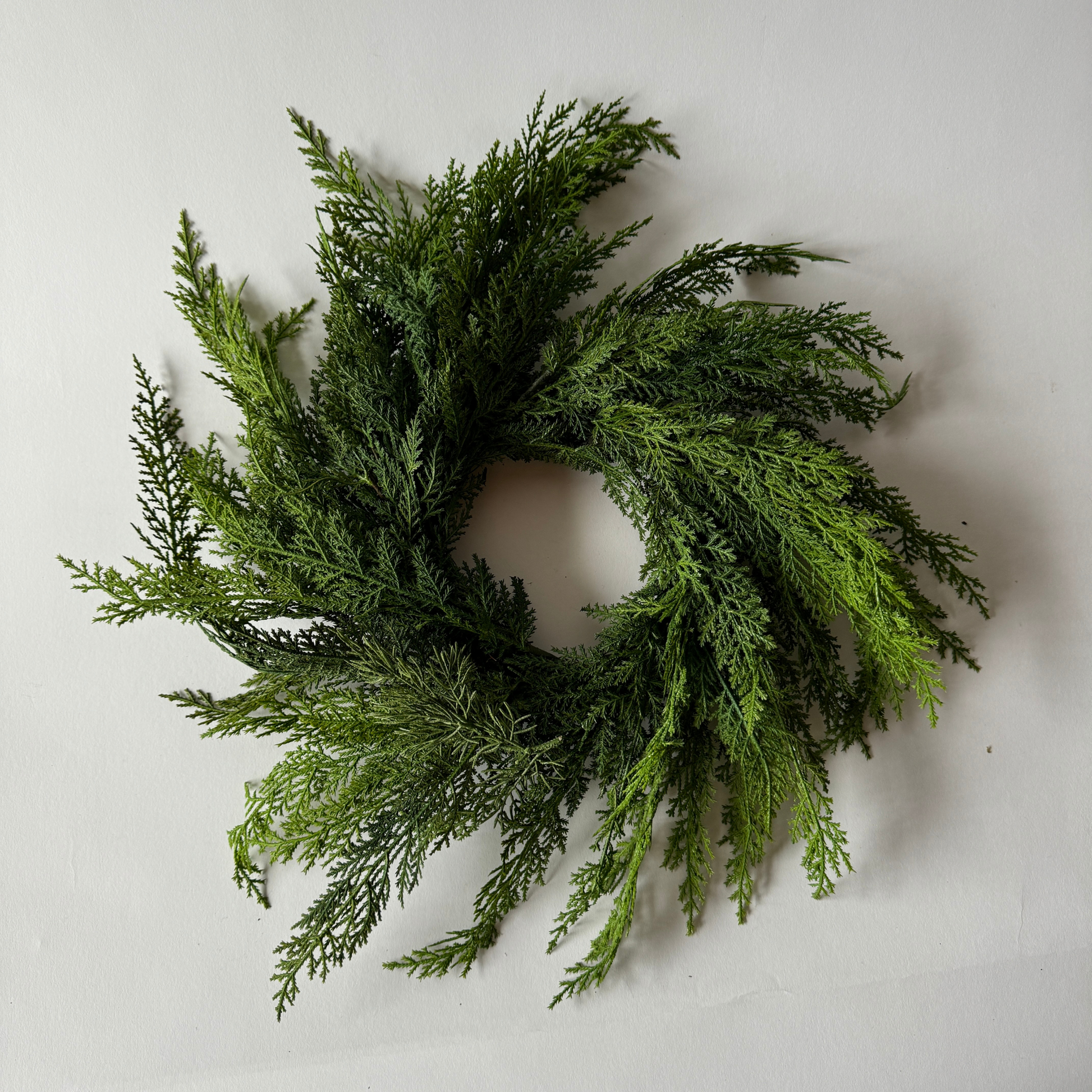 The Fresh Touch Norfolk Pine Collection by Grace & Company is a green wreath arranged in a circle on white.