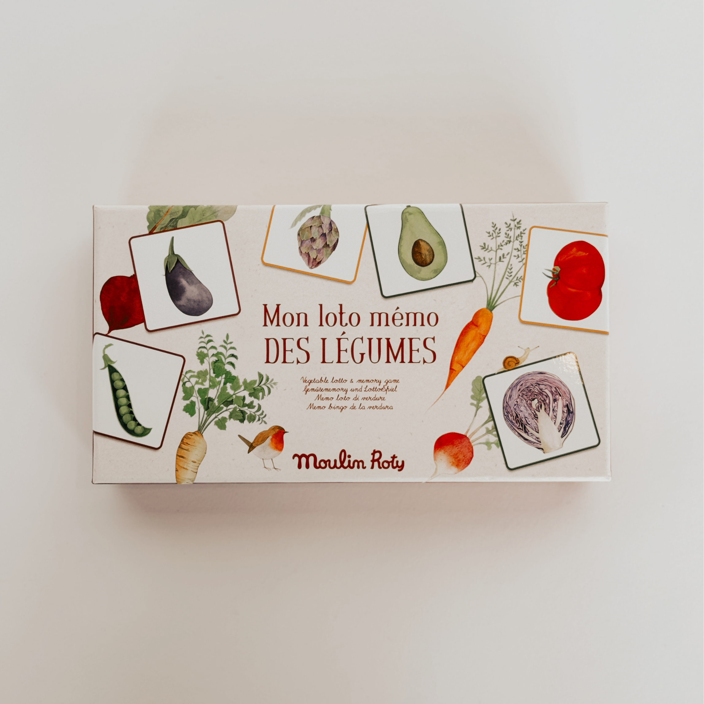 Rectangular box labeled Mono Loto Memo Des Legumes Vegetable Memory Game by Grace & Company, with veggies and cards.