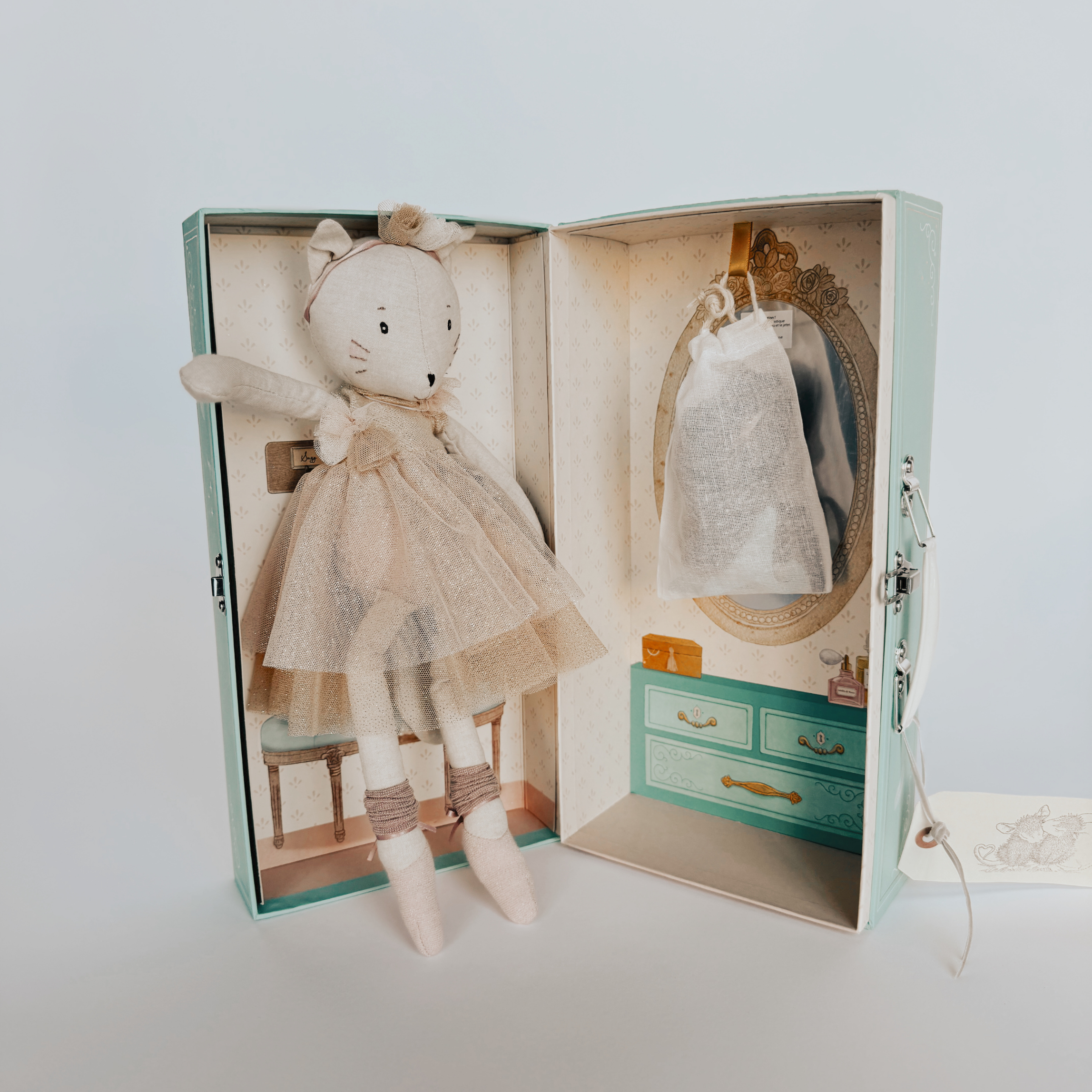 Moulin Roty La Petite Êcole de Danse by Grace & Company: stuffed cat doll in tulle dress, pastel blue wardrobe box, accessories inside.