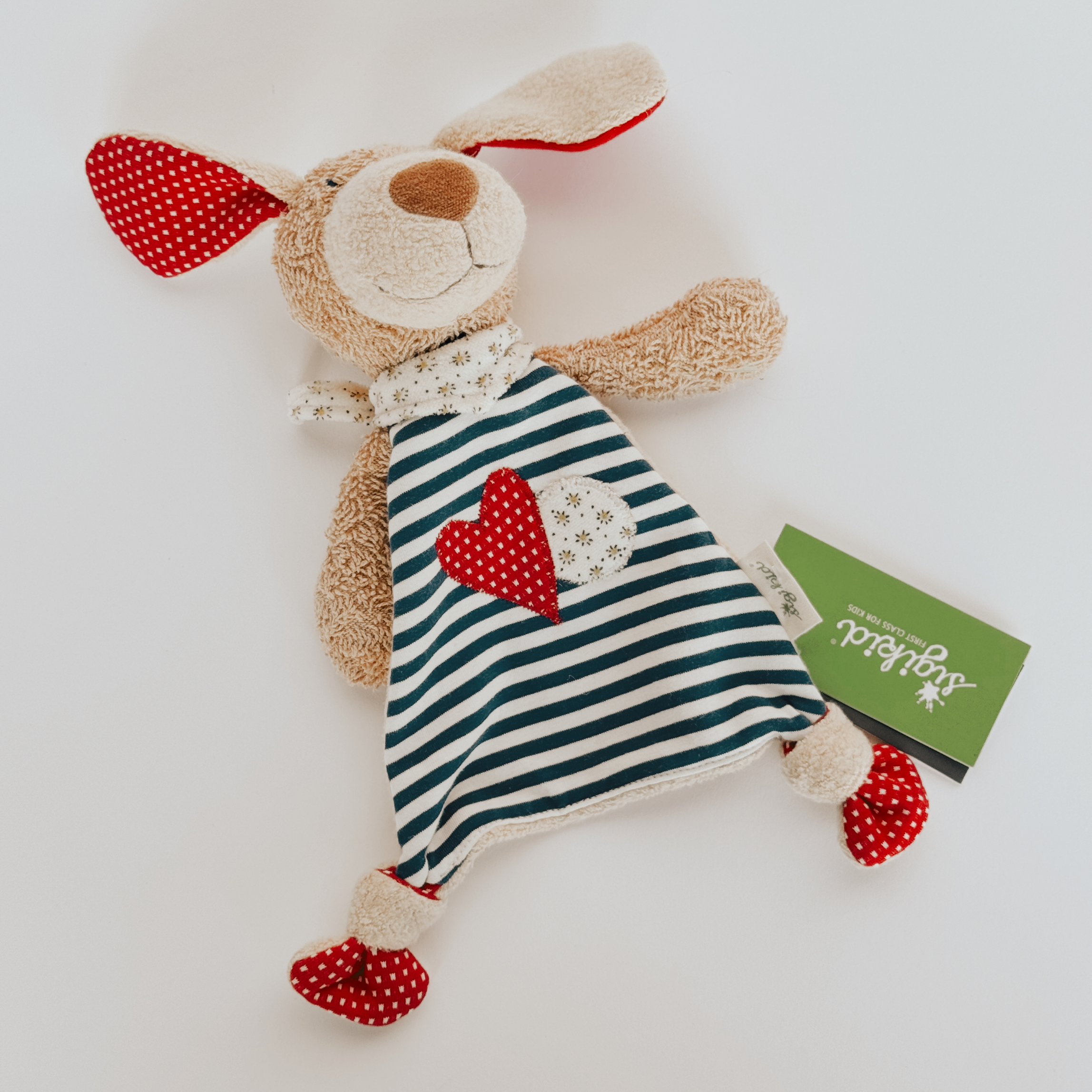 Grace & Company Organic Toy Blankie: dog toy with polka-dot ears, striped dress, heart patch, and green tag.
