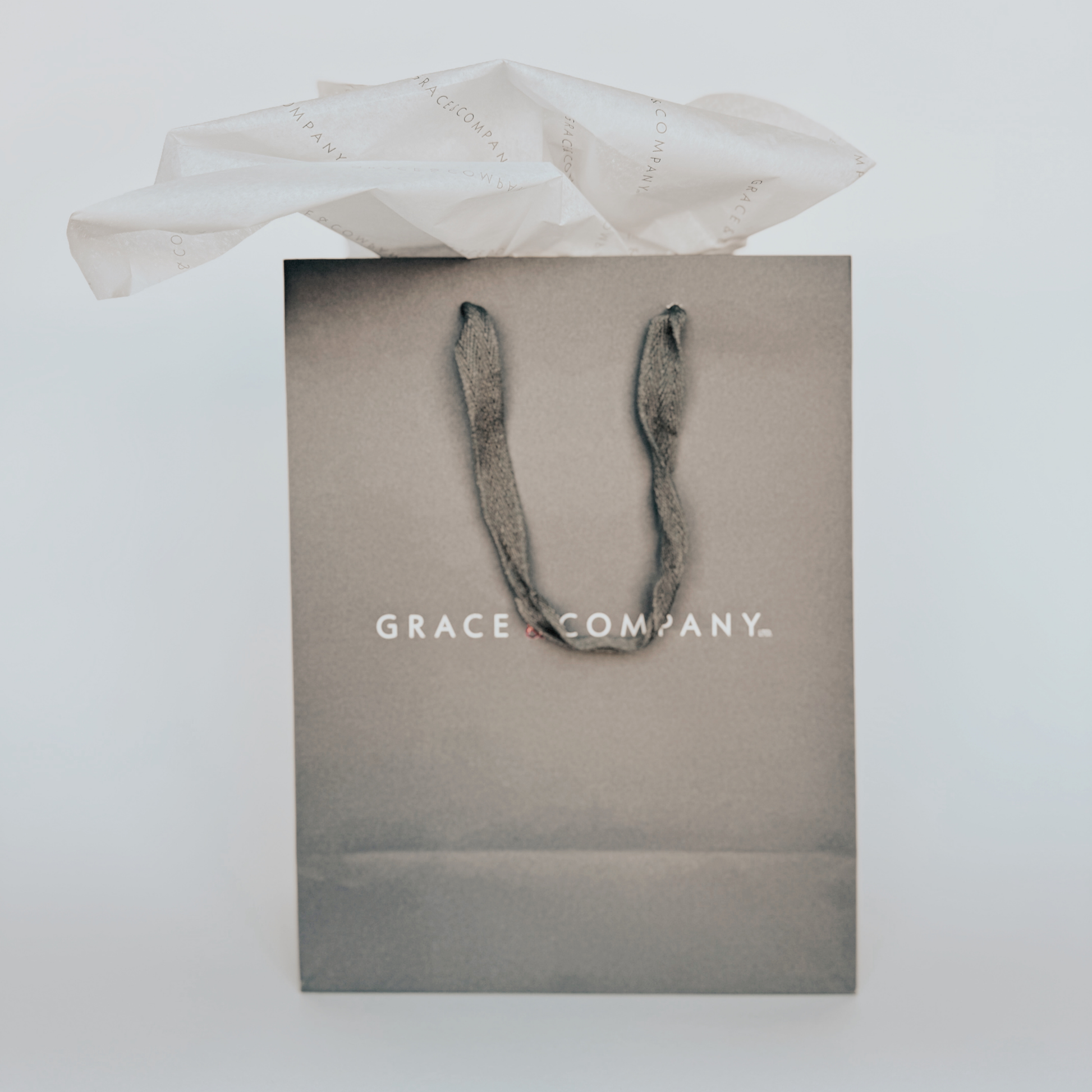 Gray Gift Wrapping bag by Grace & Company with tissue paper peeking out against a plain background.