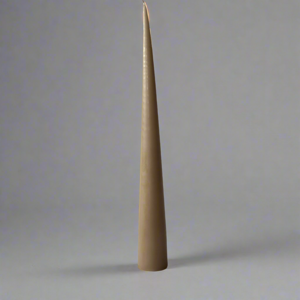 A tall, smooth Ester & Erik cone candle by Grace & Company ltd stands upright on a light gray background.