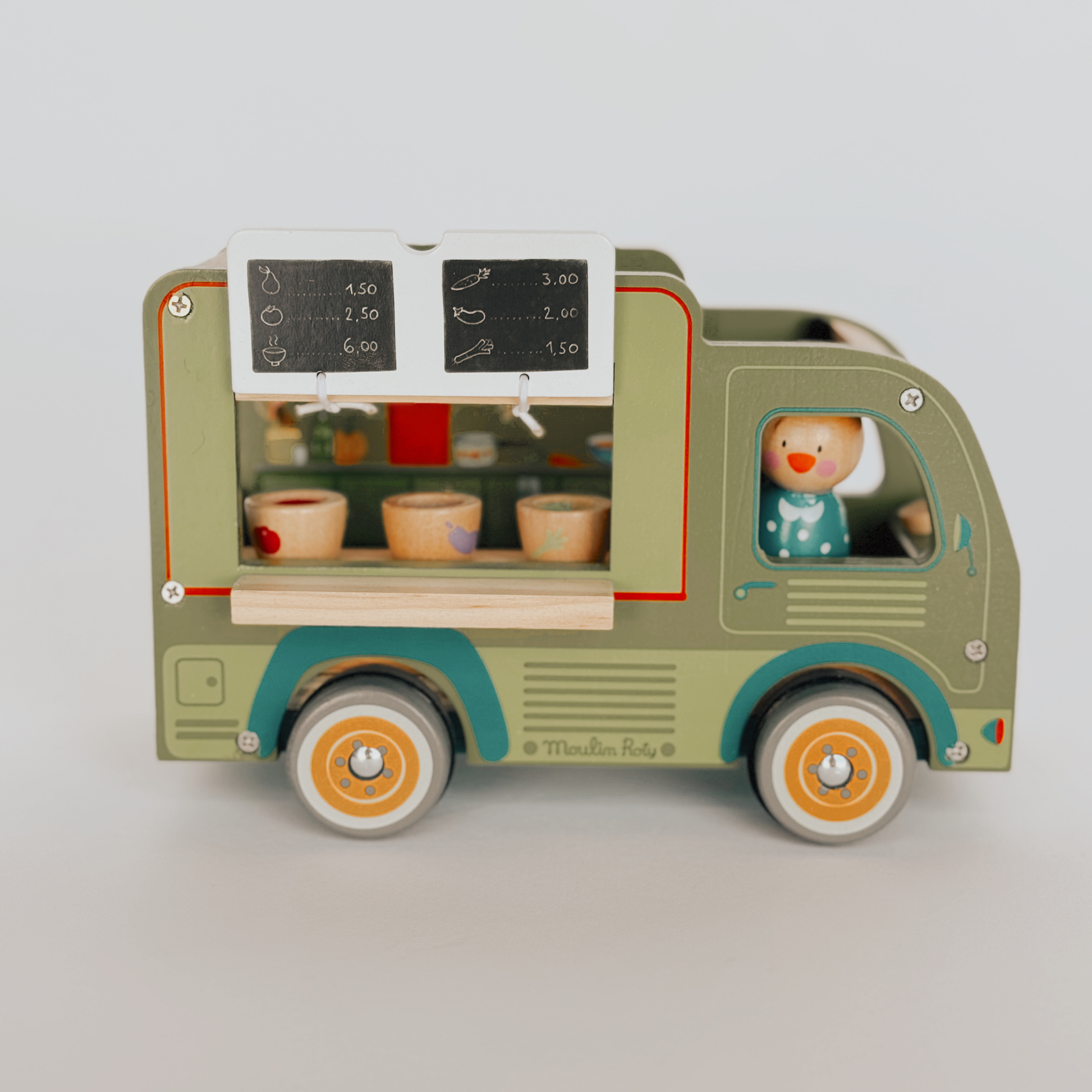 The Grace & Company Moulin Roty - Grande Famille Wood Family Set includes a toy food truck, smiling figure, cups, and menu.