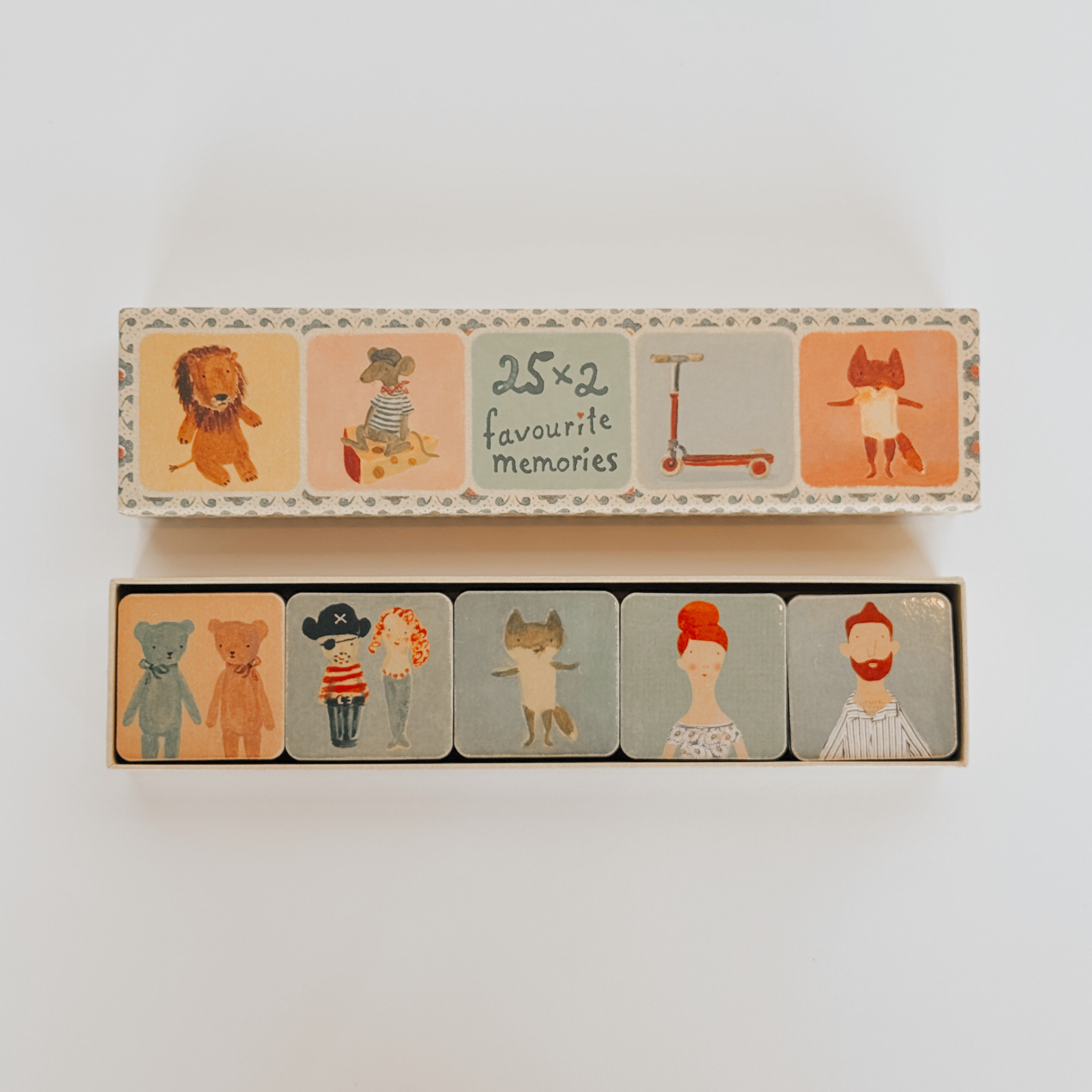 Maileg - Memory Game by Grace and Company Ltd: box with 25 x 2 illustrated animal and human character cards.