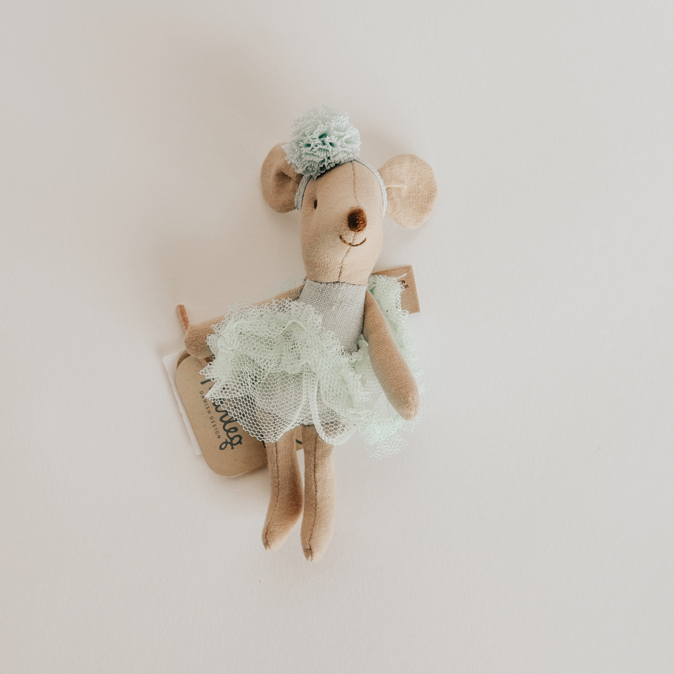 Maileg - Little Sister Ballerina Pompom Mouse by Grace & Company in a mint dress, posed on a white background.