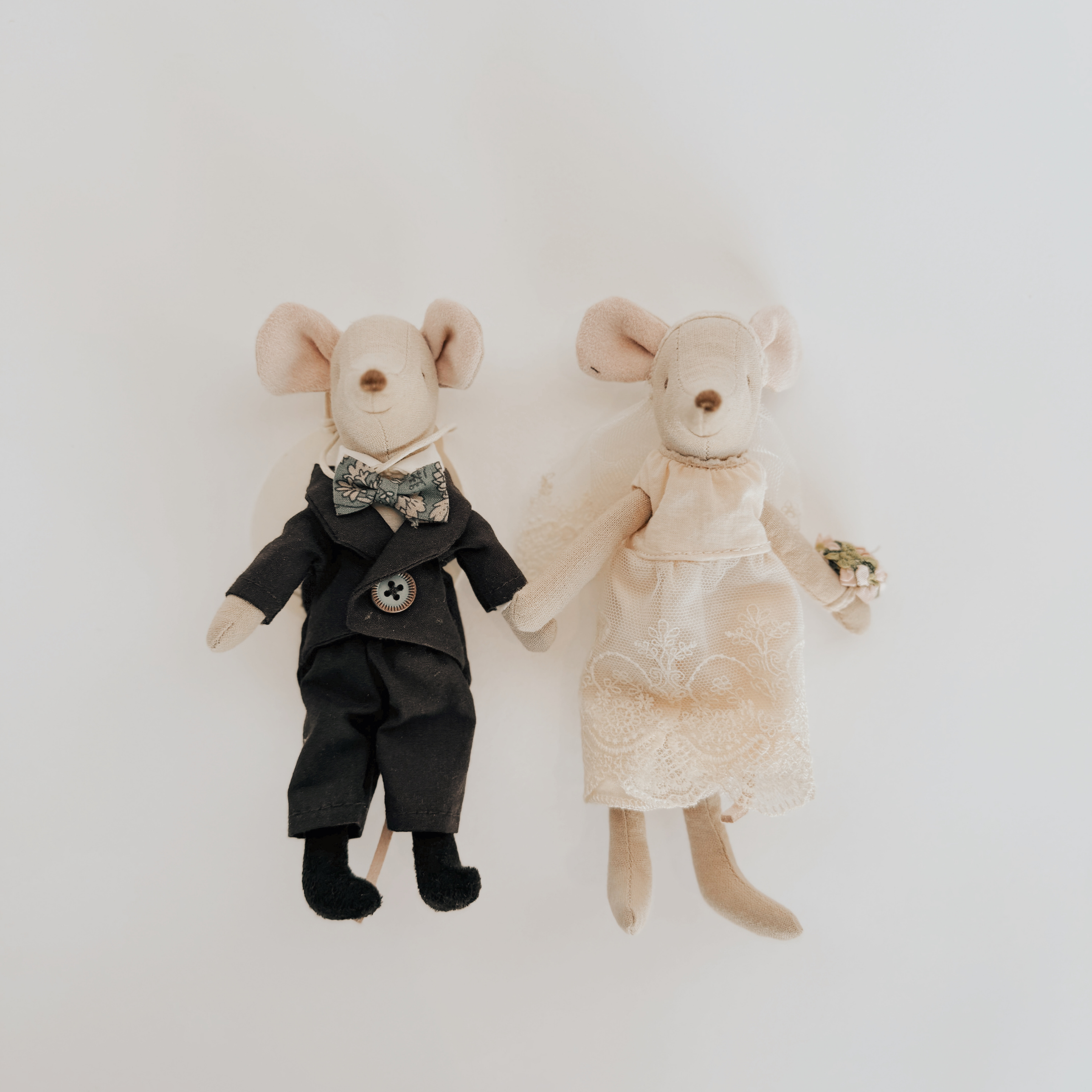 Maileg - Mr. & Mrs. Mice Couple by Grace & Company: two plush mice dressed as bride and groom on white background.