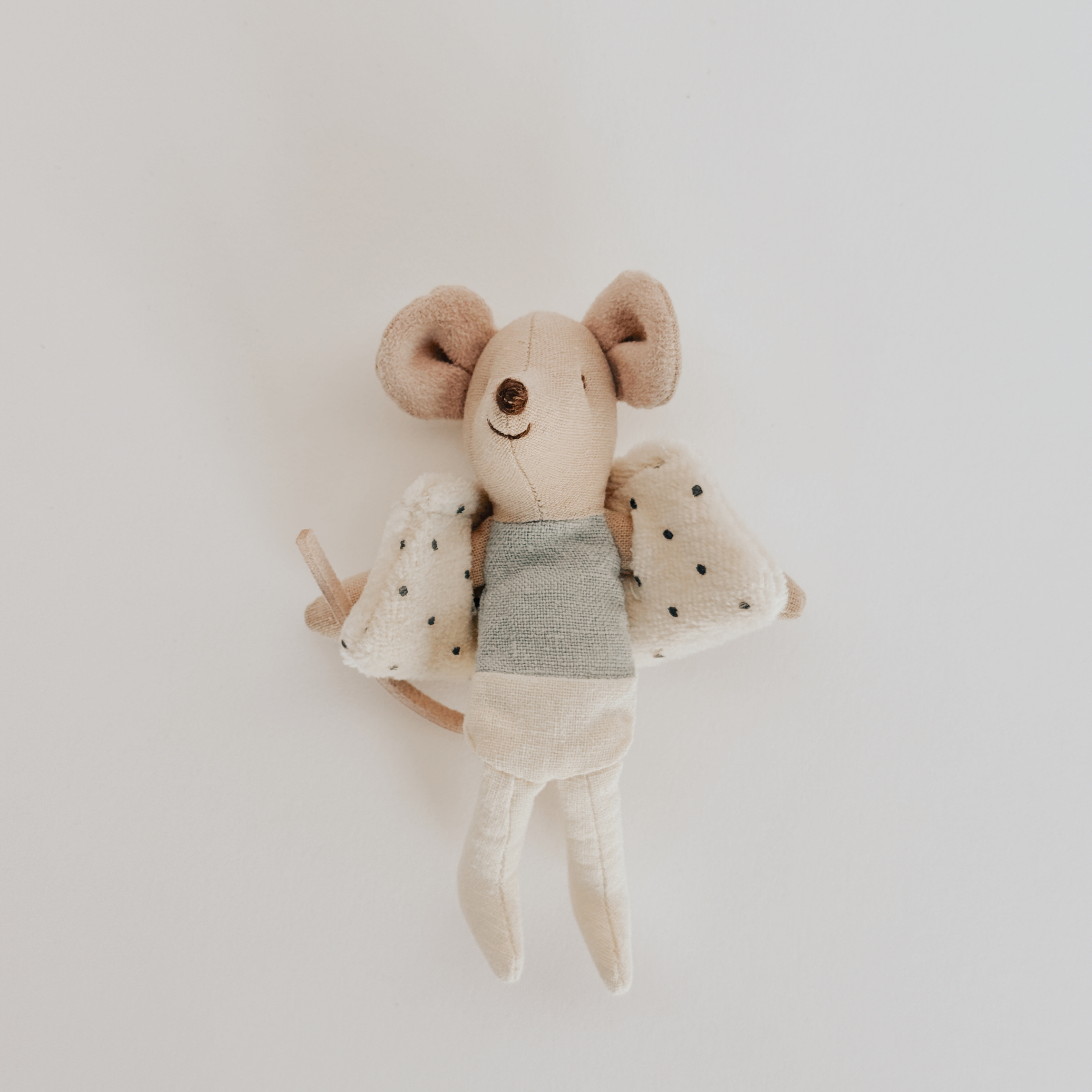 Maileg Dancer in Matchbox – Little Brother Mouse by Grace & Company, wearing a grey shirt, smiles on a white background.