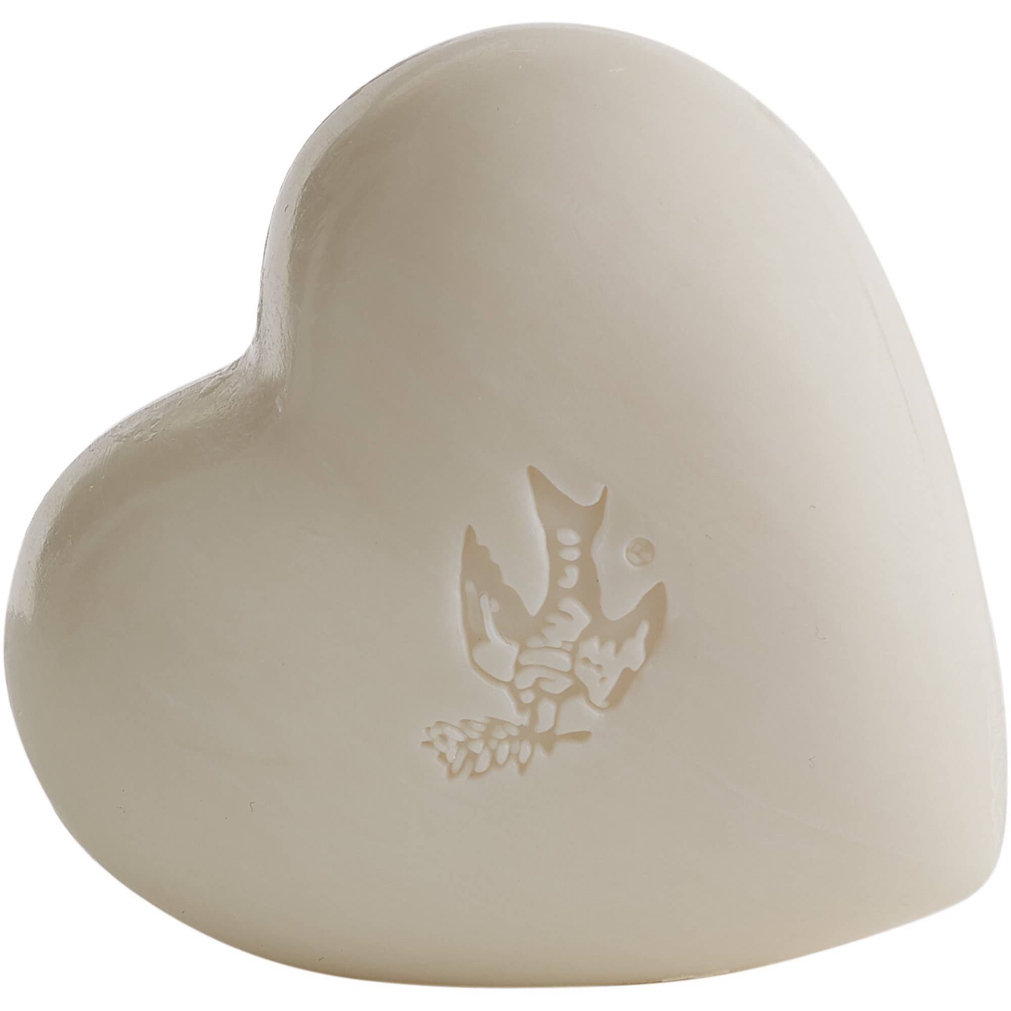 Camelia Heart Soap by European Soaps: cream-colored, heart-shaped soap with bird and olive branch embossing.