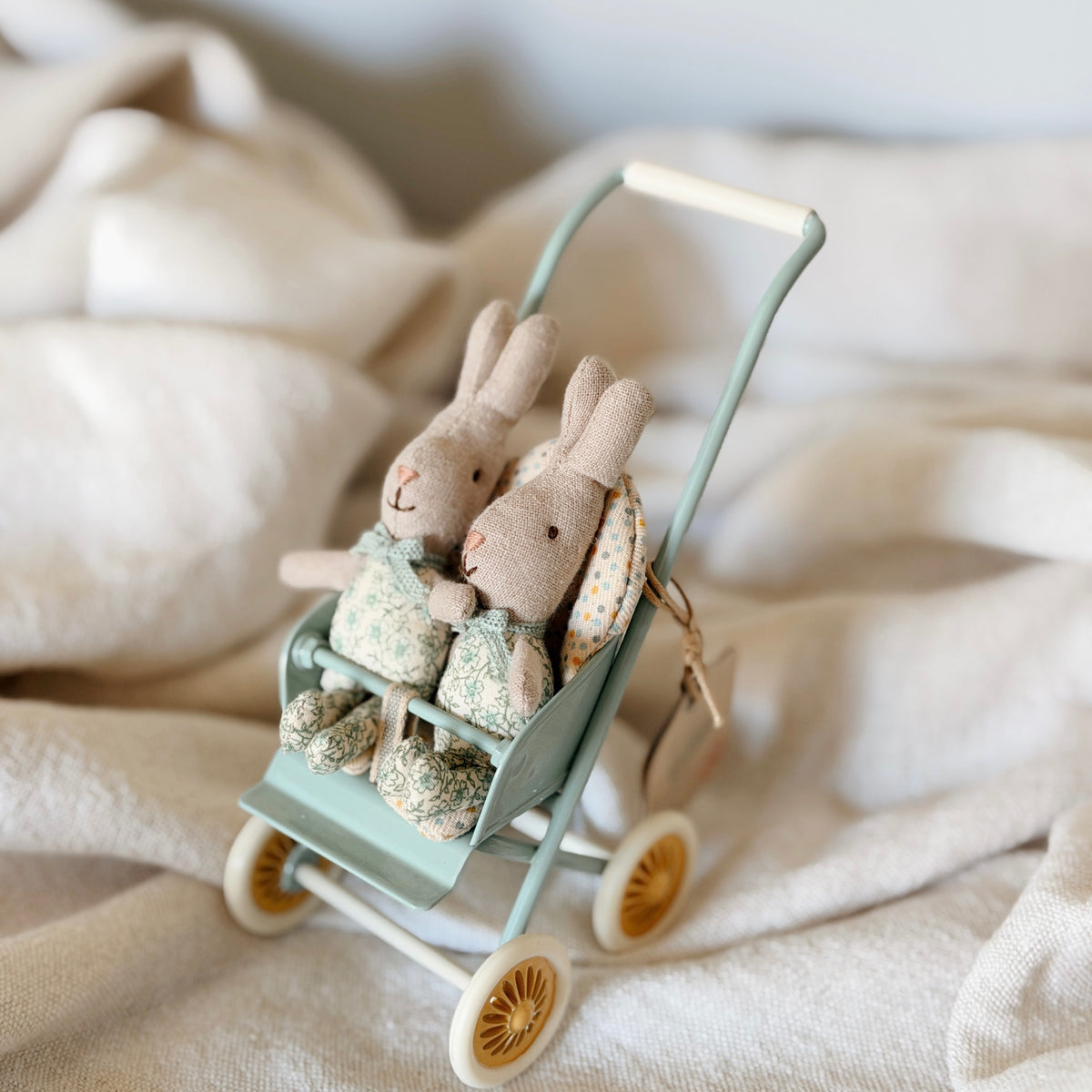 Maileg Twin Micro Bunny Stroller  Mint