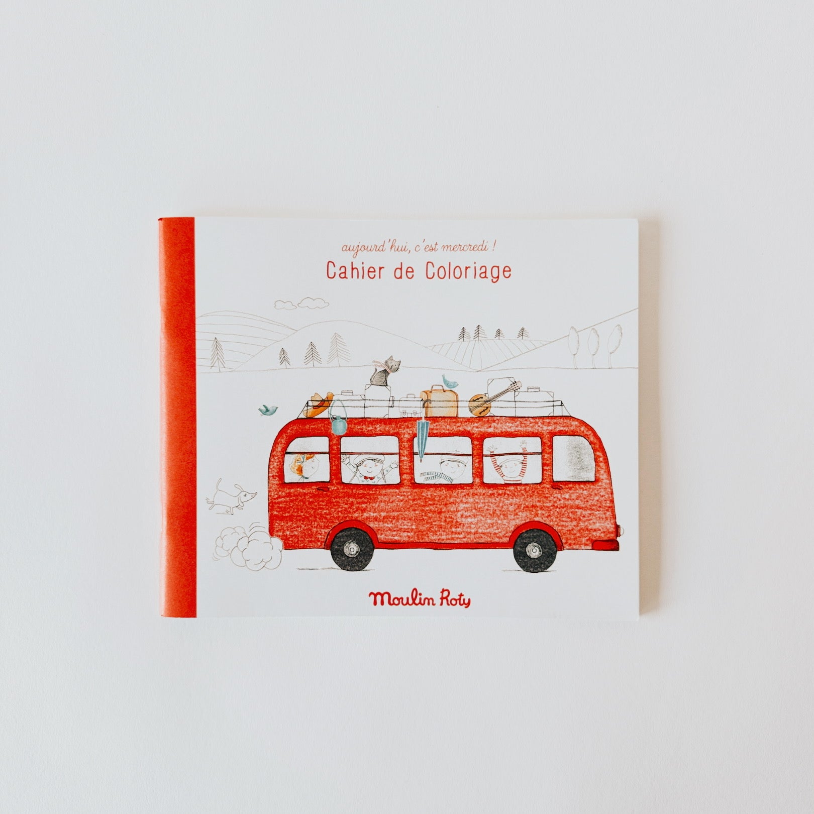 Grace & Company’s Moulin Roty - Cahier de Coloriage: a kids’ coloring book with a red bus and French cover text.