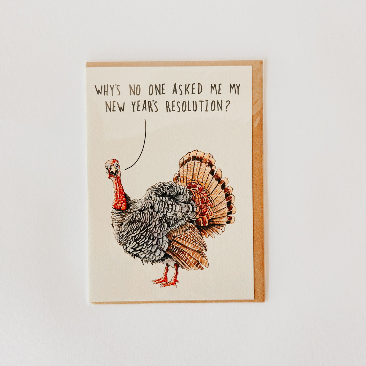 A greeting card with a turkey asking, Whys no one asked me my New Years resolution? on a white background.