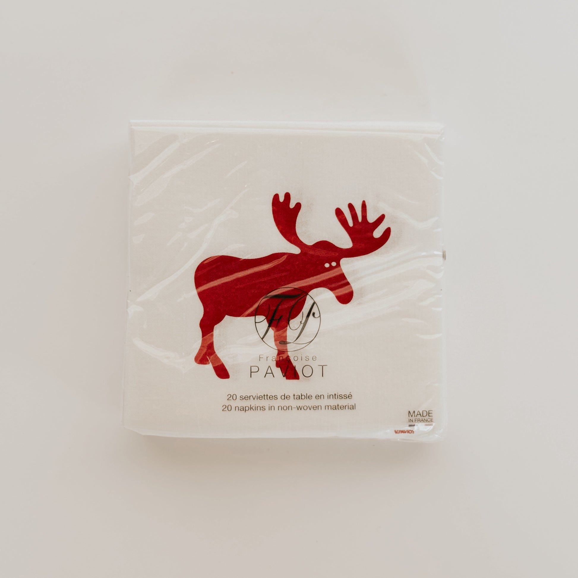 Grace & Company ltd Paviot - Red Moose Napkin pack, 20 non-woven white napkins with red moose design.