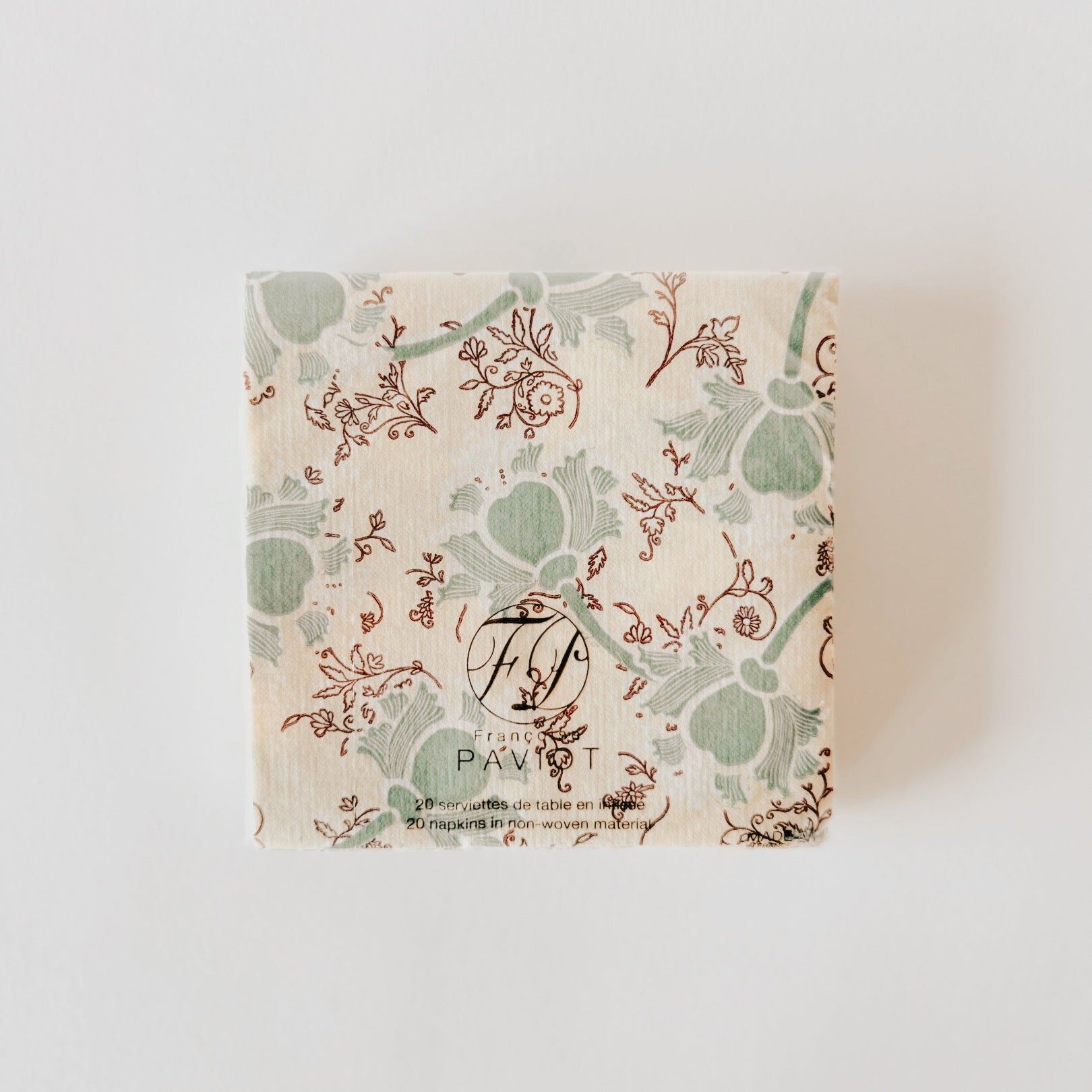 A square pack of Grace & Company Paviot - Fleur Ispahan floral cocktail napkins with a decorative logo on front.
