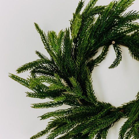 Fresh Touch Norfolk Pine Collection wreath by Grace & Company, green, shown on a white background from top left.