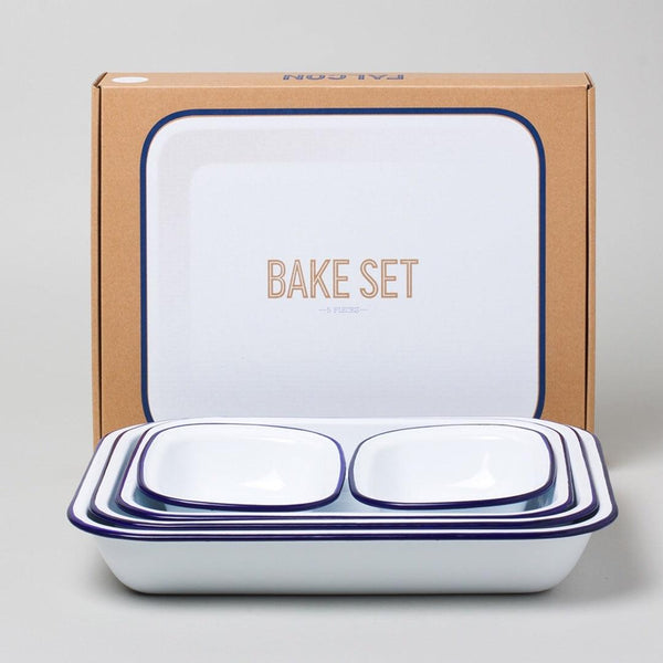 white enamel bake set by falcon enamelware