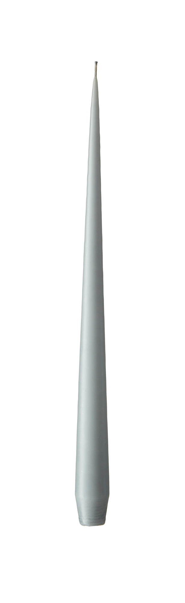 A tall, tapered, gray candle with a white wick, standing upright against a white background.