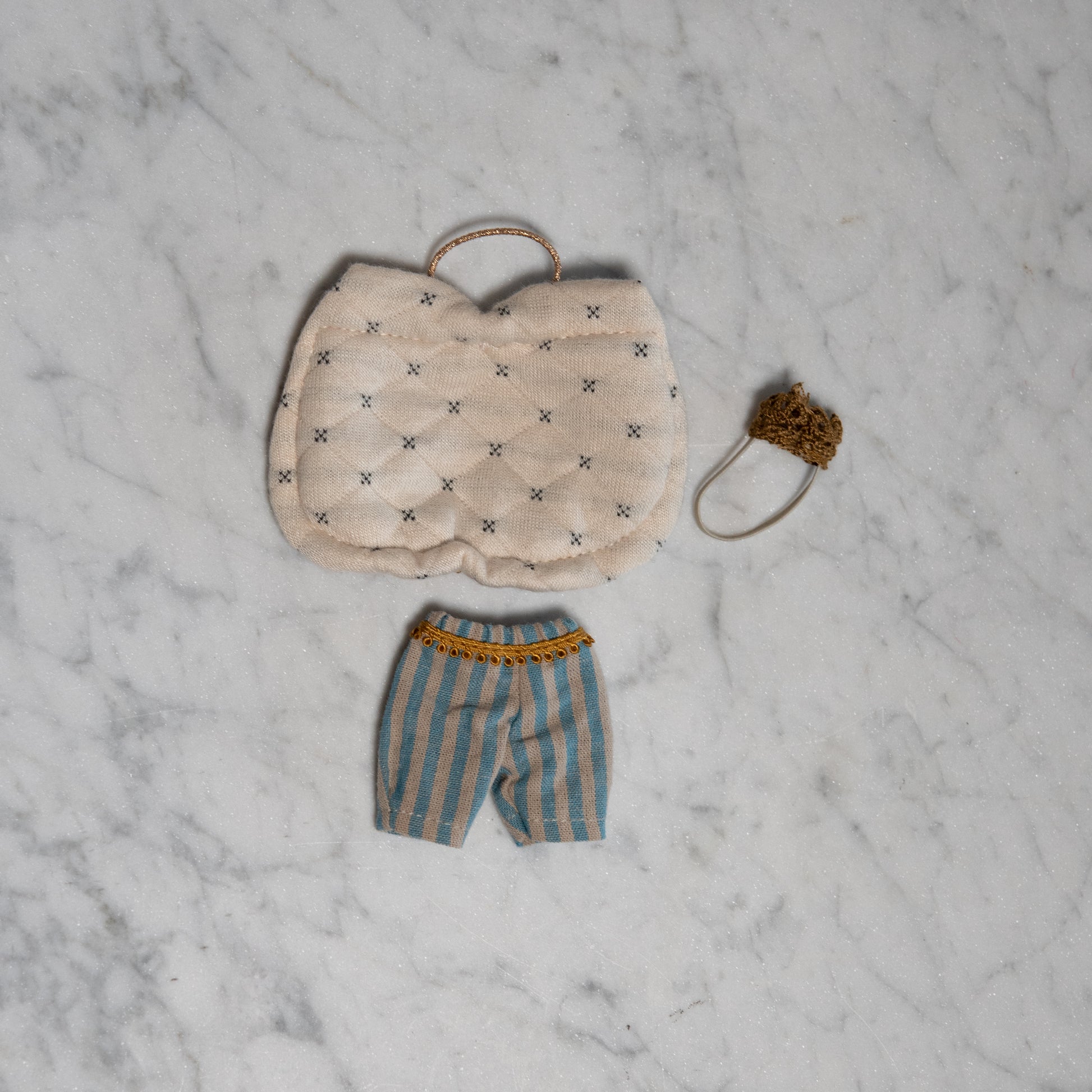 Maileg - Clothing for Mice by Grace & Company, including a quilted bag, striped shorts, and a crocheted headband.
