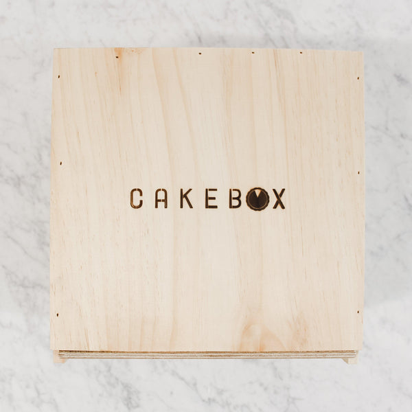 top view of wooden cake boax by piebox