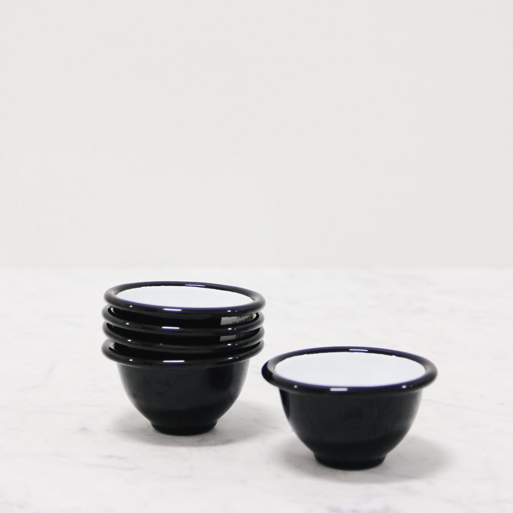 stack of black enamel pinch pots from Falcon Enamelware