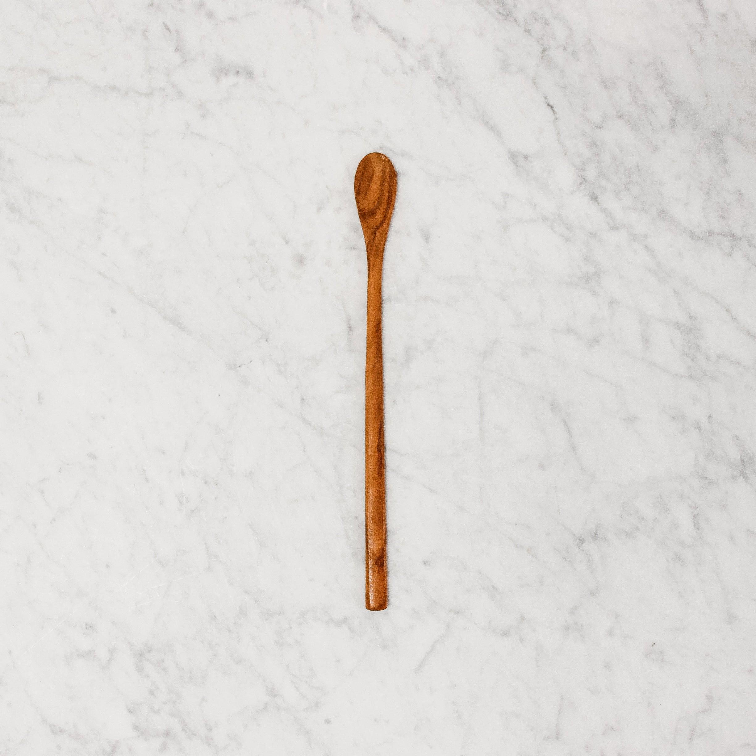 top view of french olive wood mustard spoon