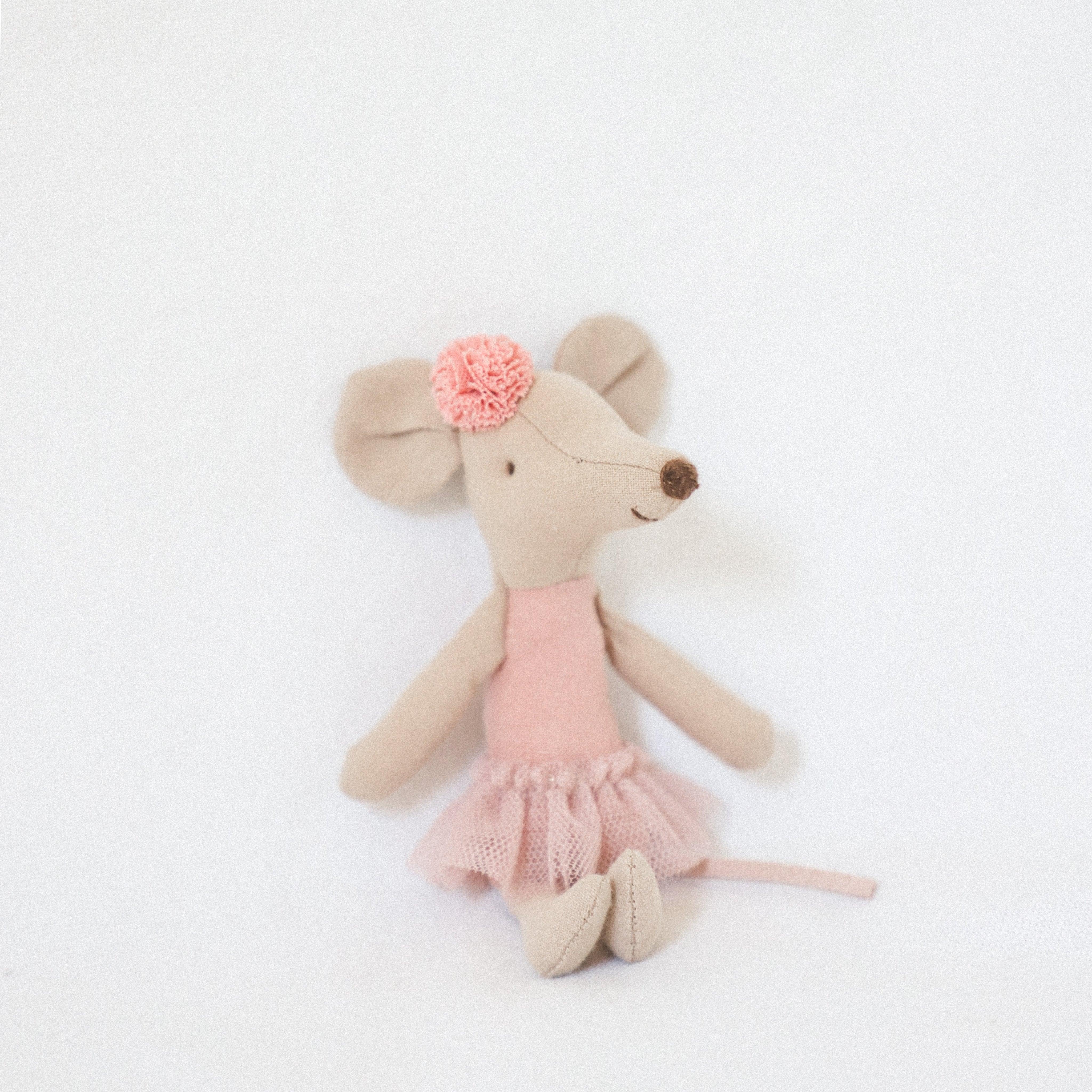 Maileg - Big Sister Ballerina Mouse by Grace & Company sits in a pink tutu and headband against a white background.