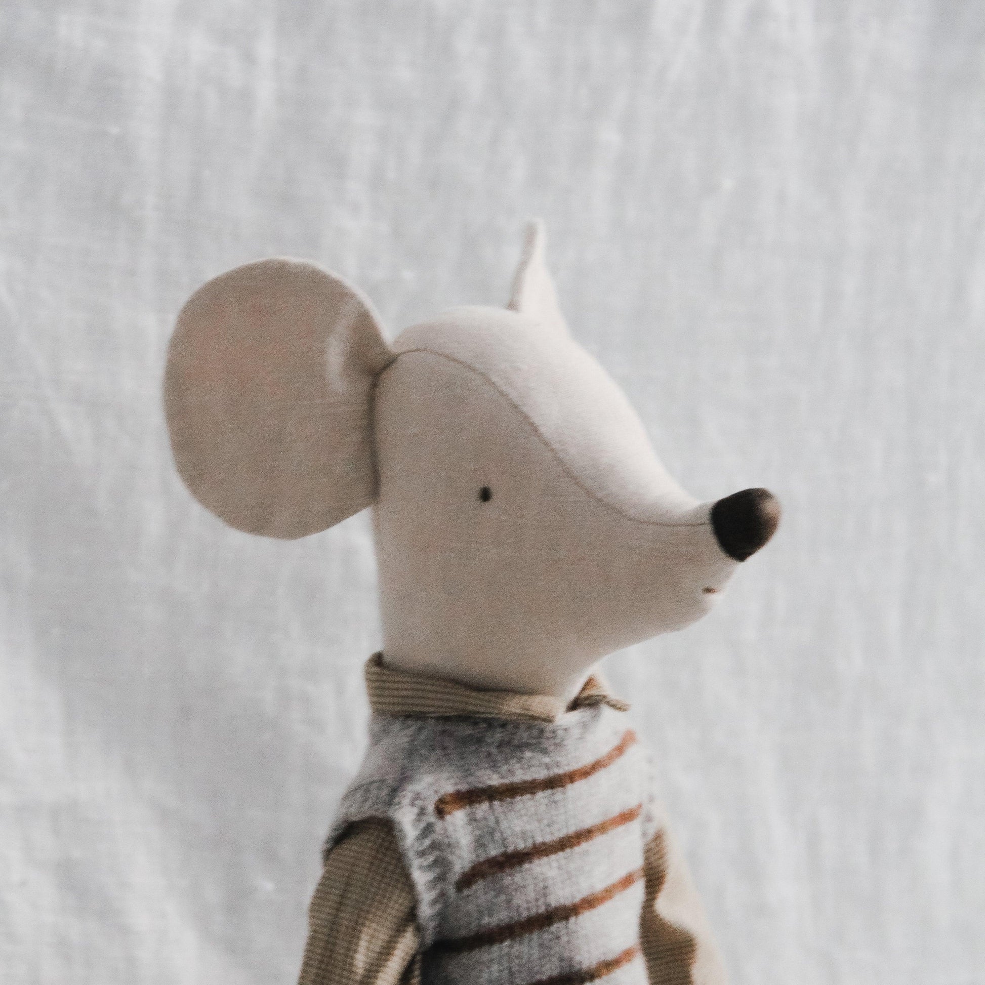 Grace & Company Maileg - Maxi Mouse Boy wears a striped vest and collared shirt, posed on a plain light background.