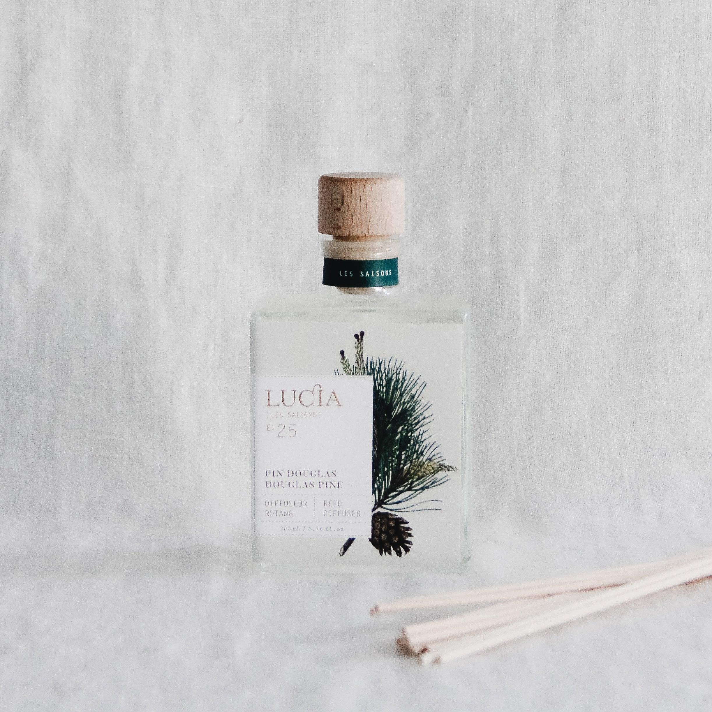 The Lucia Les Saisons - Douglas Pine Diffuser by Grace & Company ltd with wooden cap and reeds sits on a white surface.