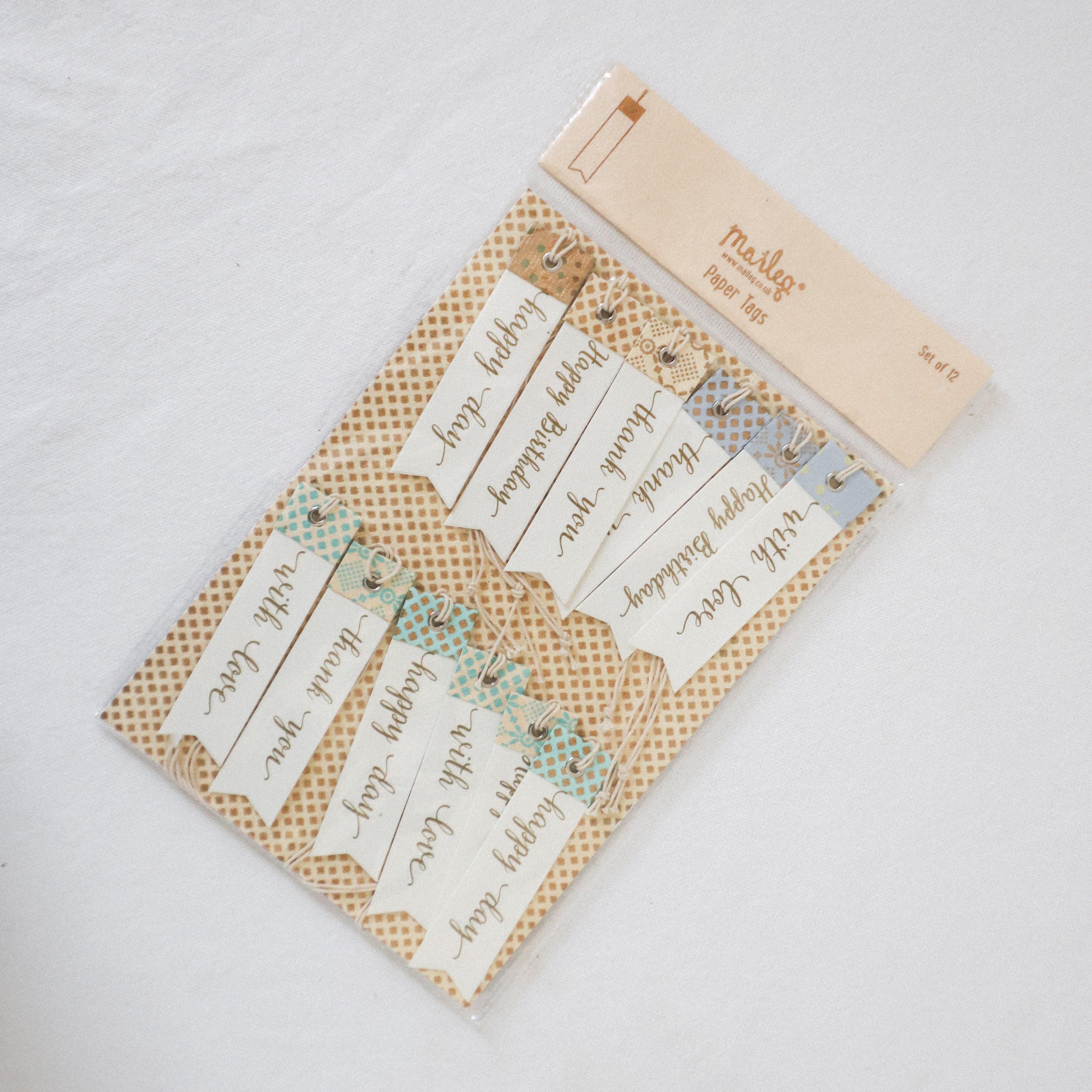 Maileg - Paper Tags by Grace and Company Ltd with Happy Day and With Love in cursive on a white surface.
