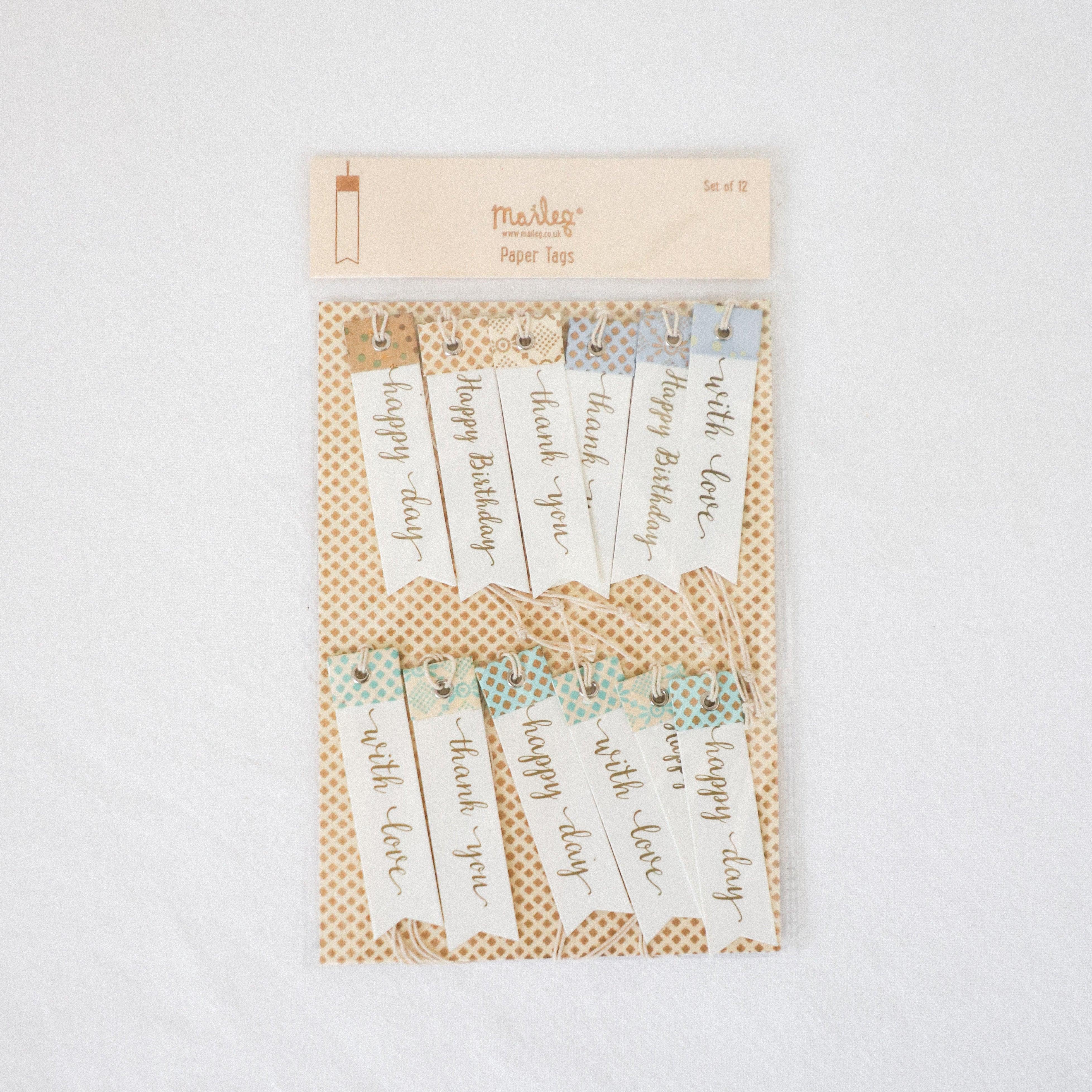 Set of 12 Maileg - Paper Tags by Grace and Company Ltd with messages on a white background.