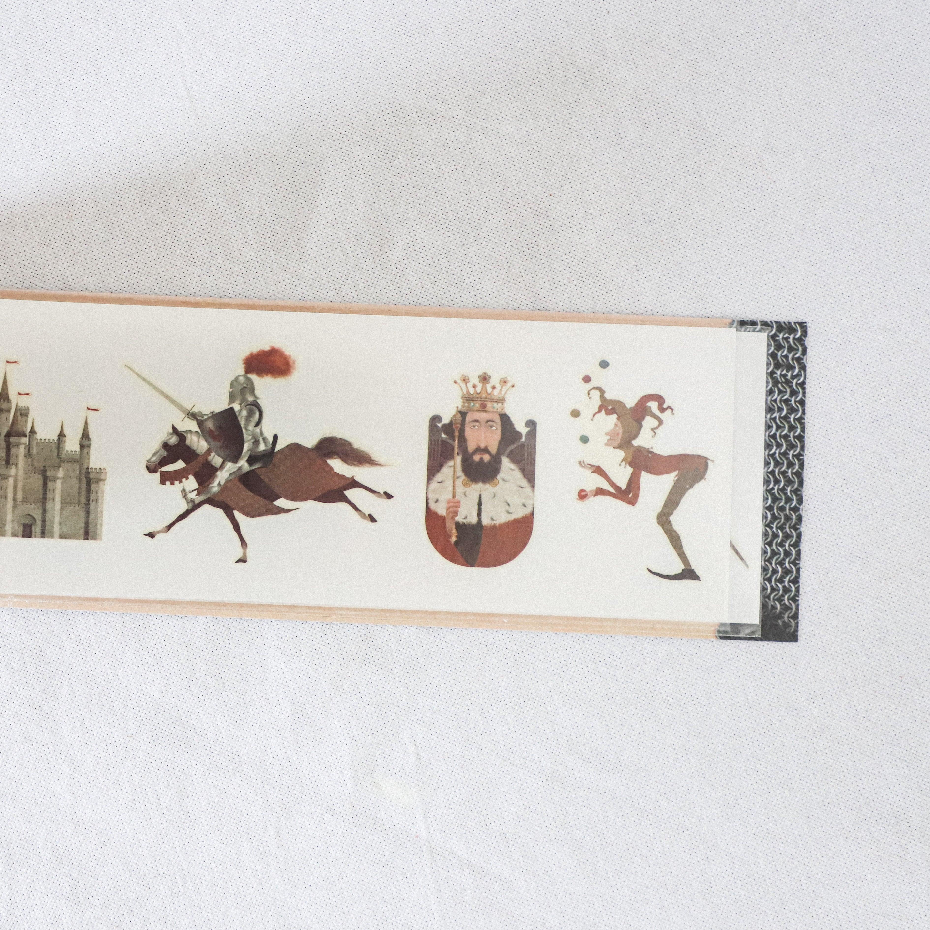 Moulin Roty Medieval Tattoos by Grace & Company feature a castle, knight, king, and jester on a white background.
