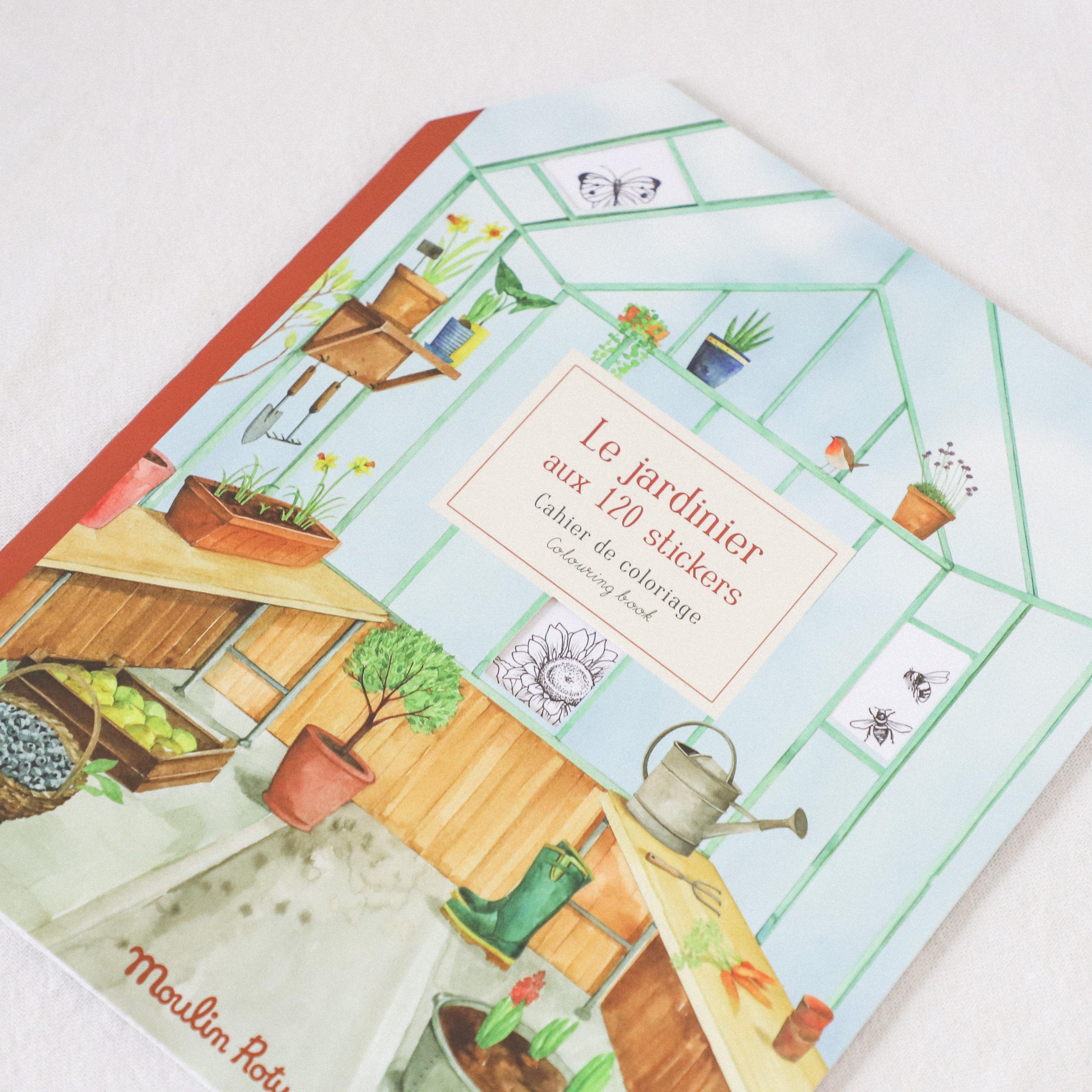 The Moulin Roty - Le Jardinier Garden Sticker Book by Grace & Company features gardening-themed illustrations and stickers.