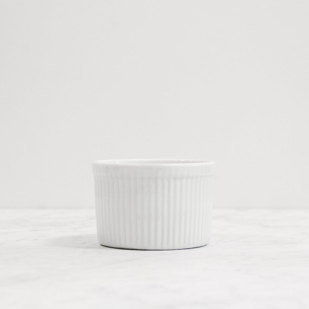 front view of small white french ramekin