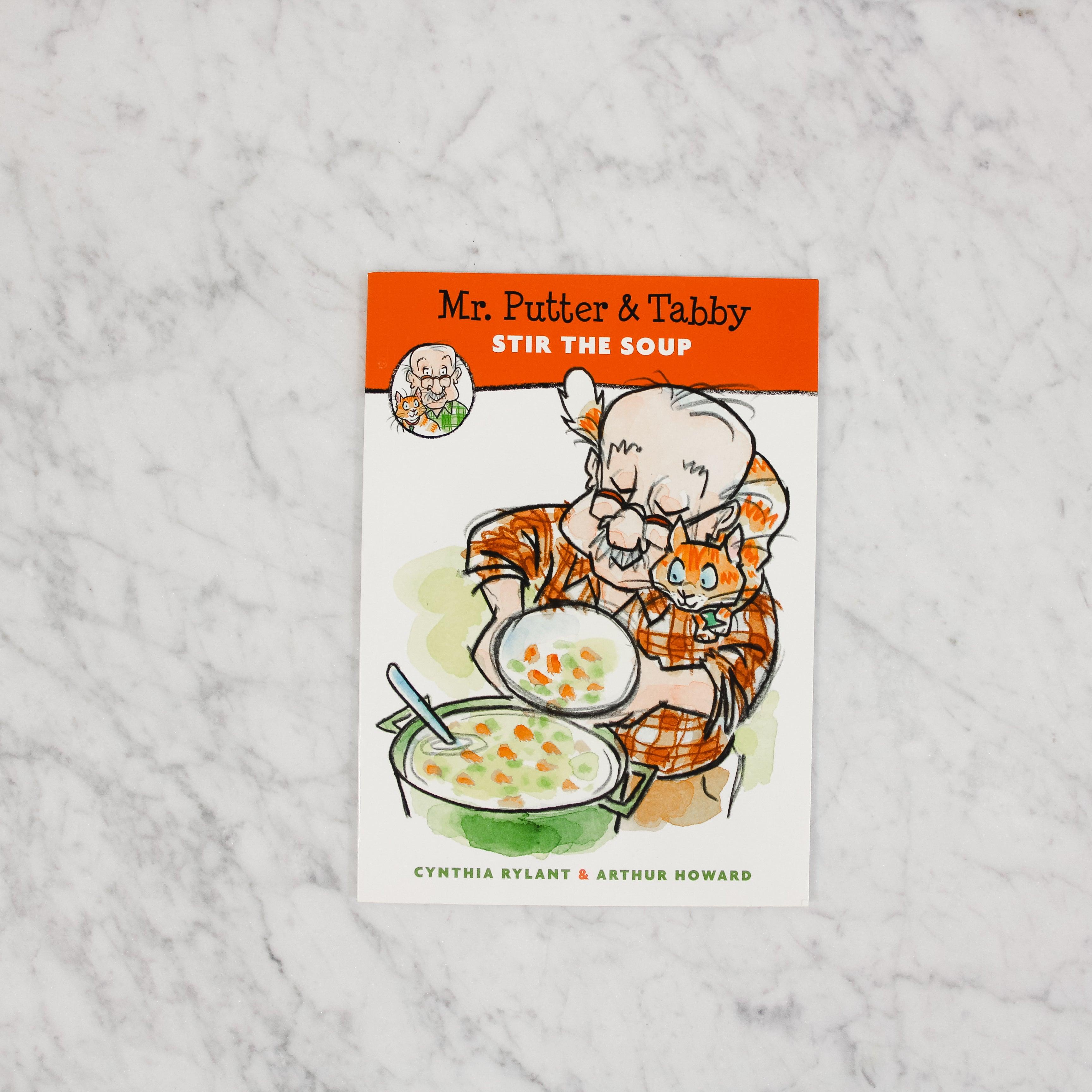 Illustrated cover of Grace & Company ltds Mr. Putter & Tabby - Stir The Soup shows an elderly man and orange cat cooking.